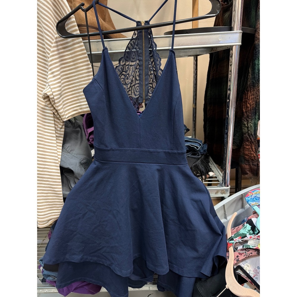 Windsor Navy Blue Lace Racerback Skater Dress V-Neck Cutout Womens L